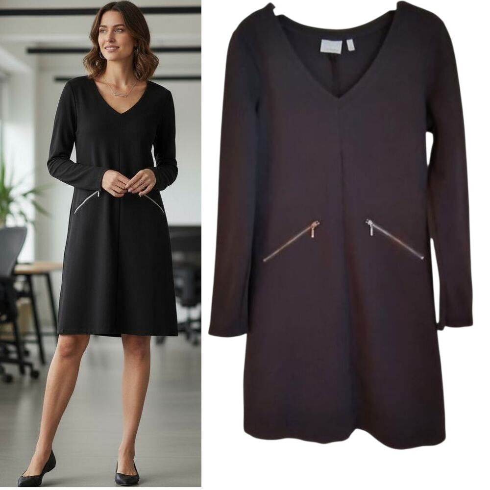 Athleta Long Sleeve Knit Dress Women's Size M Black V Neck  Zip Pockets Sheath
